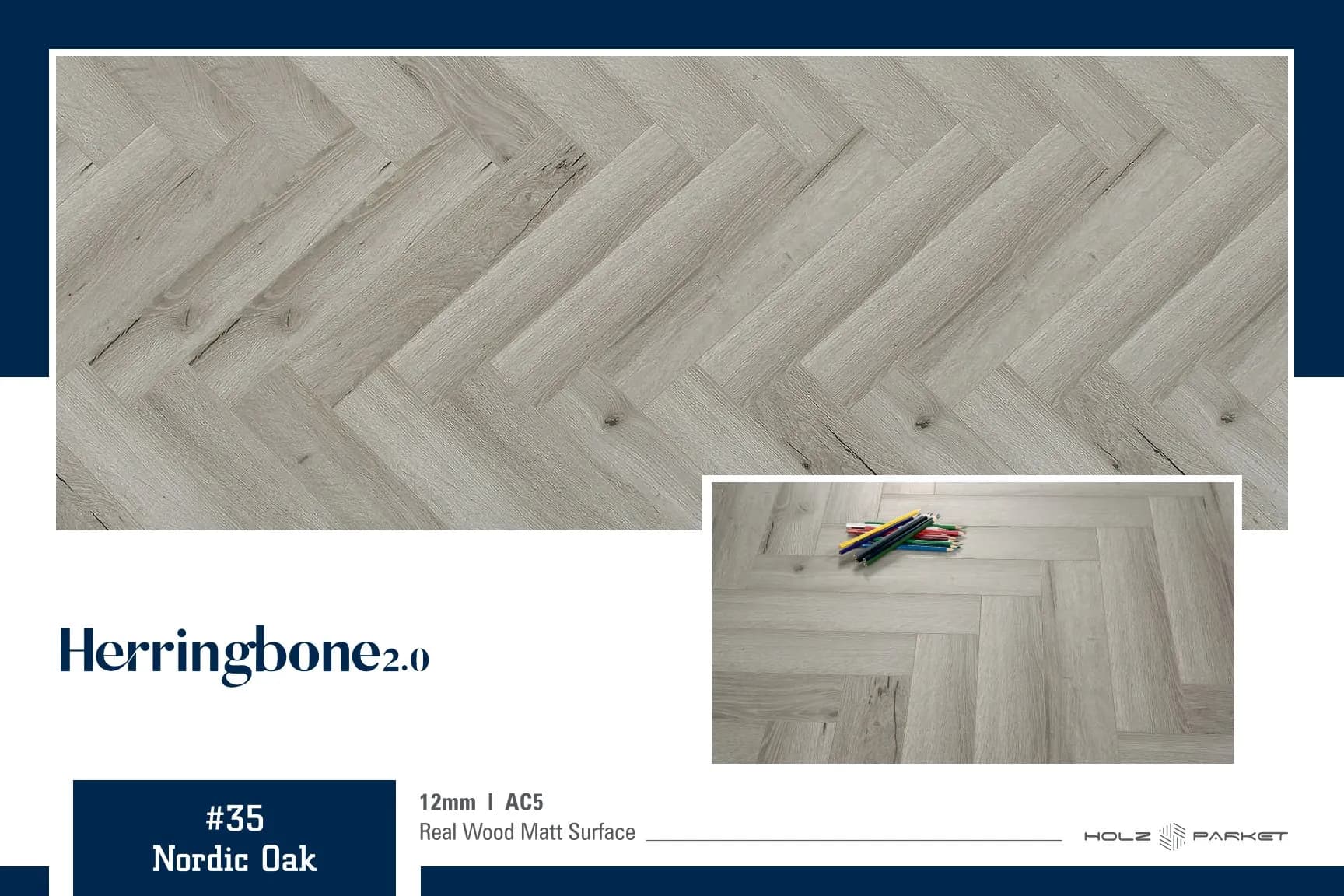 Kaara Herringbone Laminate Flooring – 12mm #35- Nordic oak