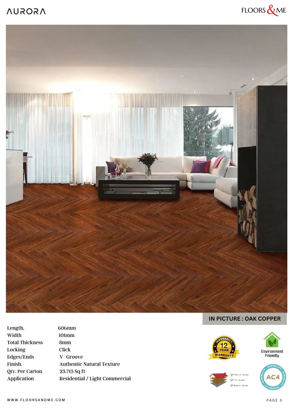 Oak Copper Aurora Herringbone Laminate Flooring 8mm