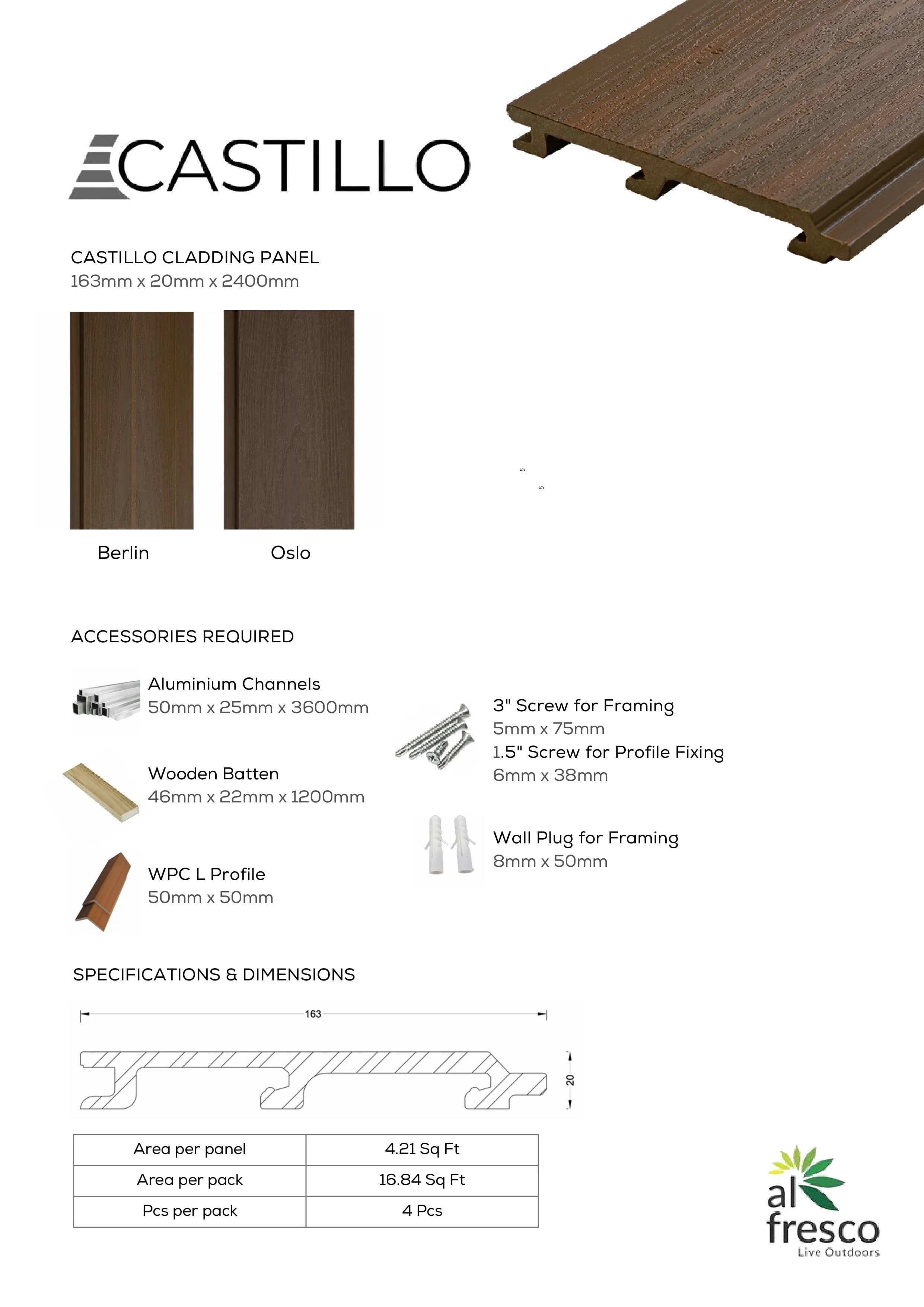 Alfresco Castillo CLADDING PANEL  218mm x 25mm x 2400mm