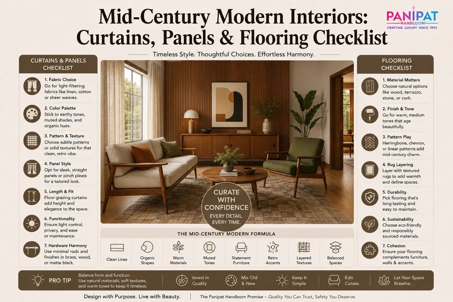 Mid-Century Modern Interiors: Curtains, Panels & Flooring Checklist