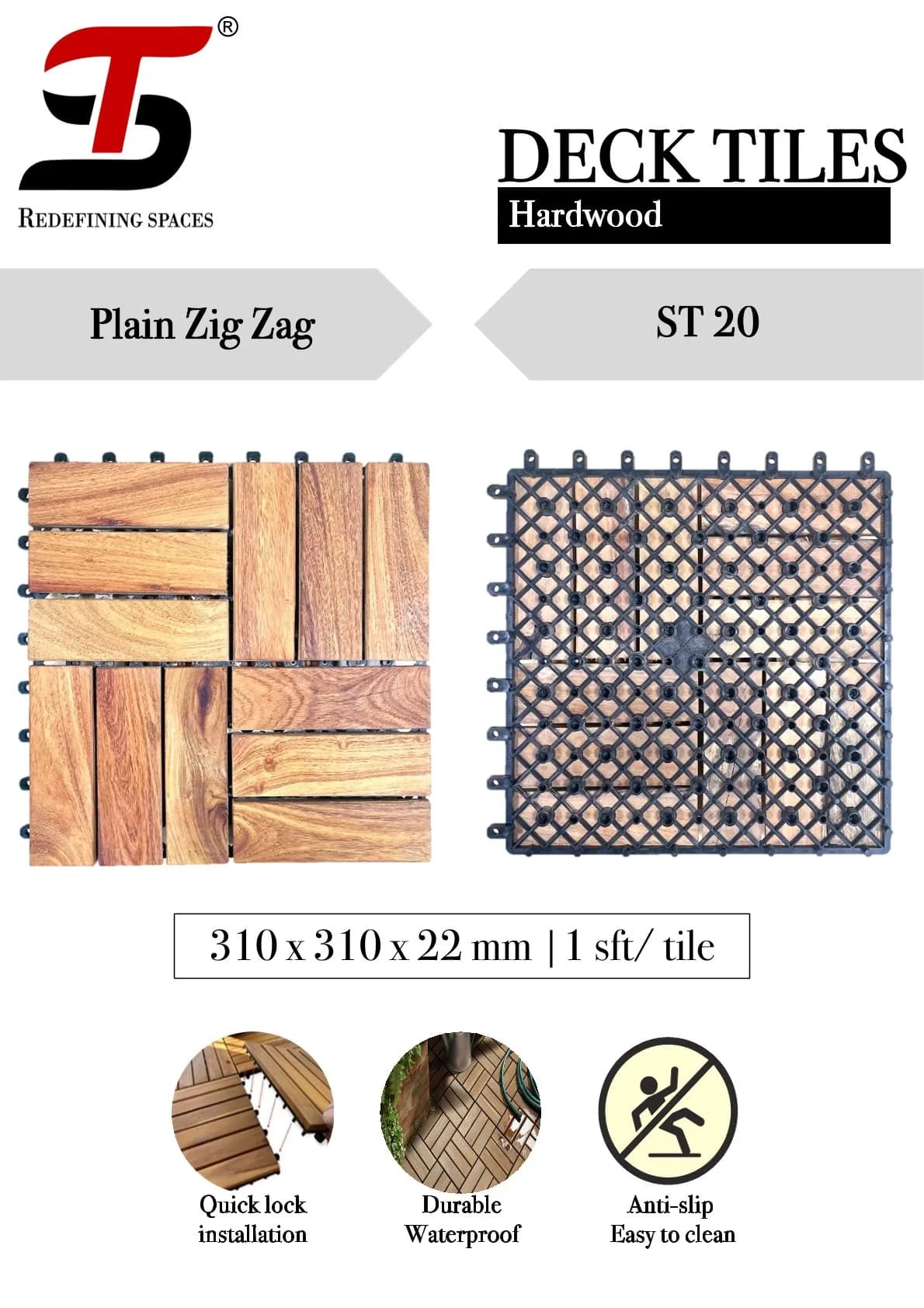 ST Homecraft Hardwood Deck Tiles ST-20 – Plain Zig Zag