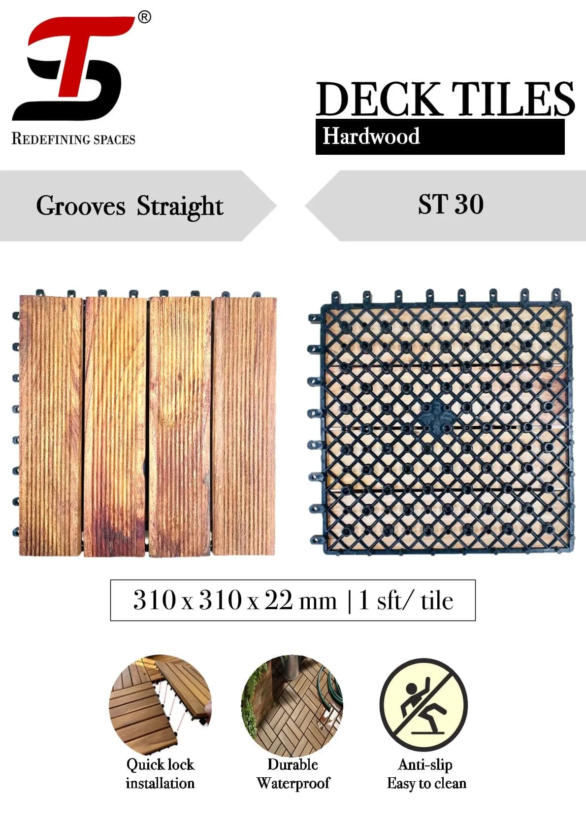 ST Homecraft Hardwood Deck Tiles ST-30 – Grooves Straight
