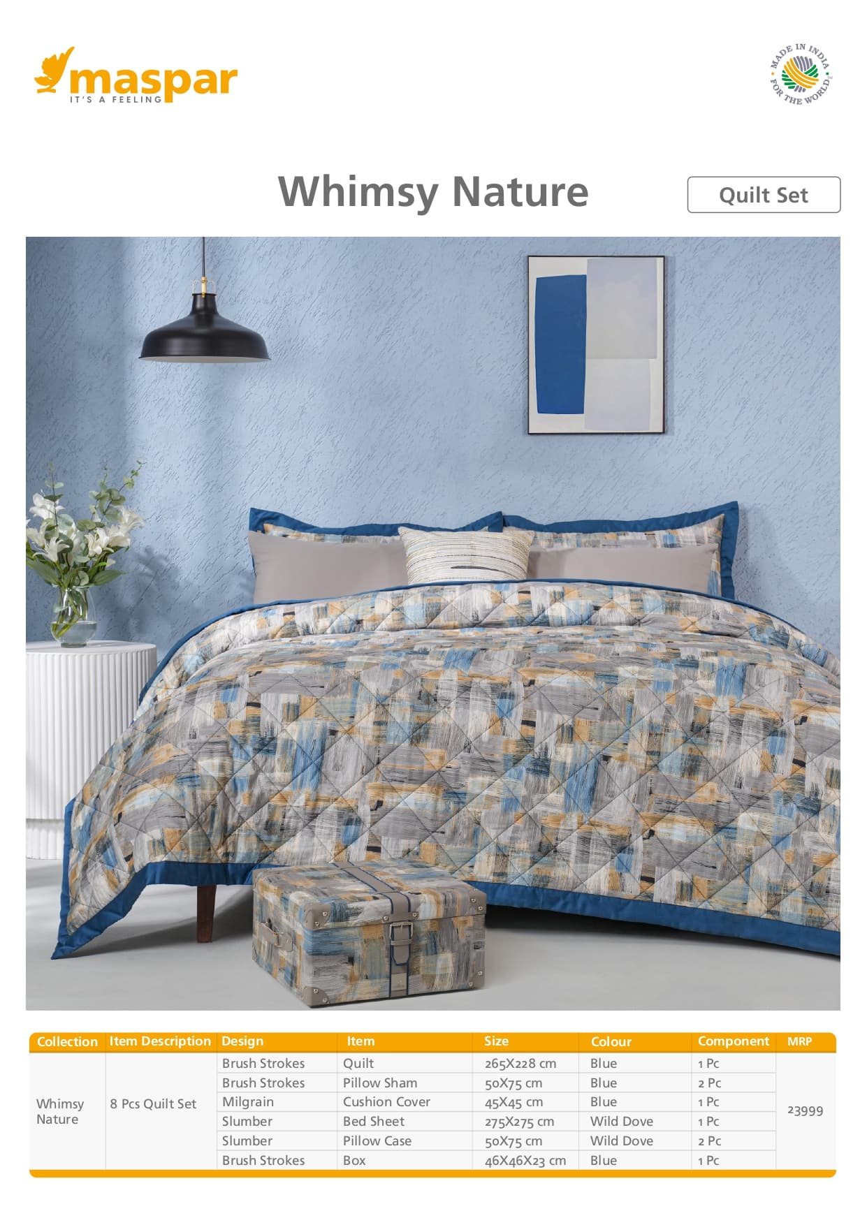 Blue Brush Strokes - 8 Pcs Quilt Set