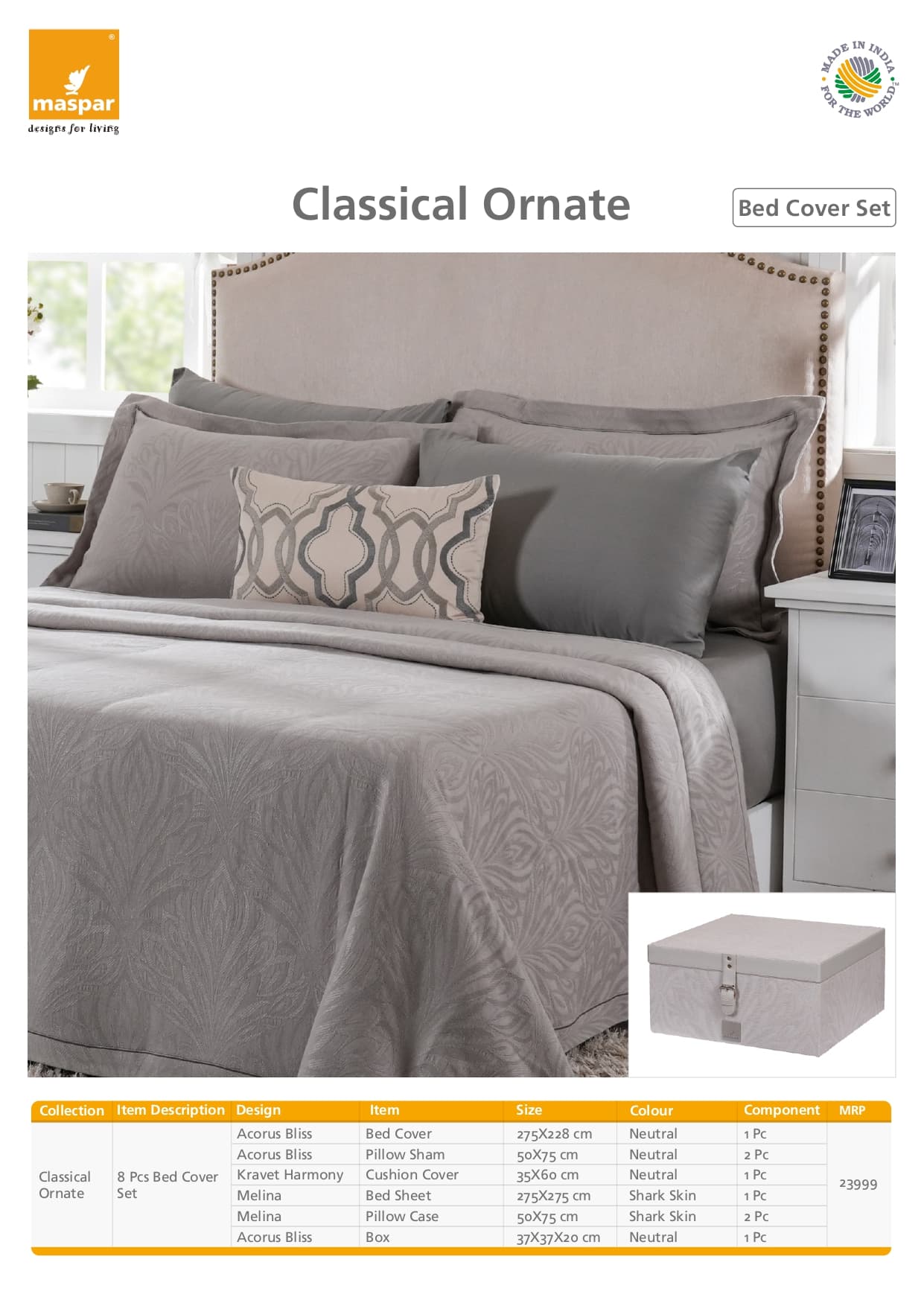 Acorus Bliss 8 Pcs Bed Cover Set - Neutral & Shark Skin
