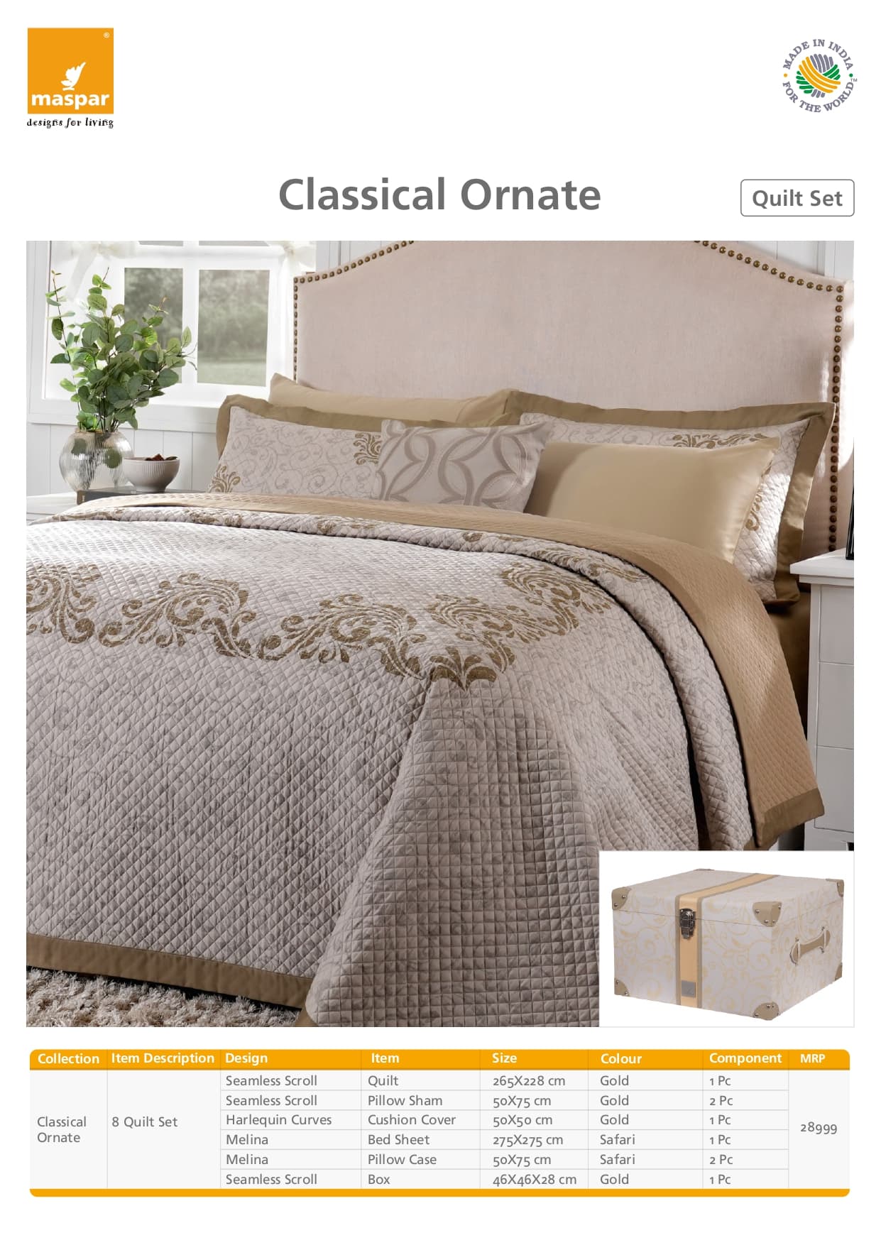 Seamless Scroll 8 Pcs Quilt Set - Gold & Safari