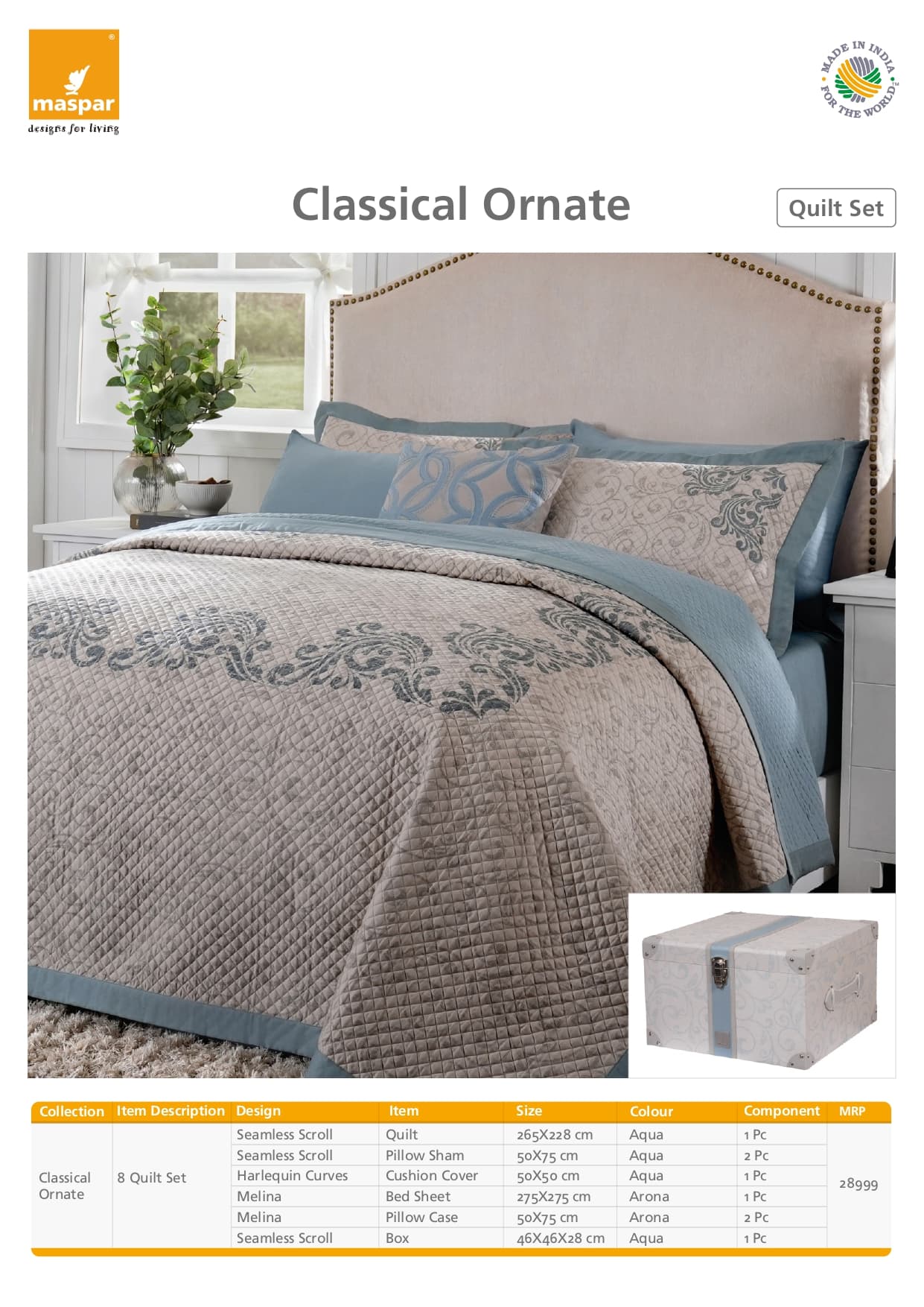 Seamless Scroll 8 Pcs Quilt Set - Aqua & Arona