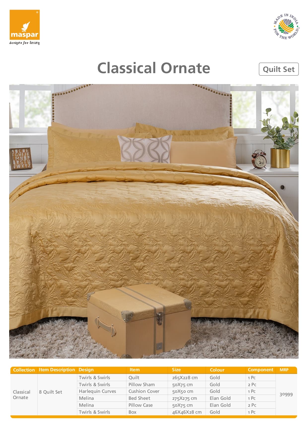 Twirls & Swirls 8 Pcs Quilt Set - Gold & Elan Gold