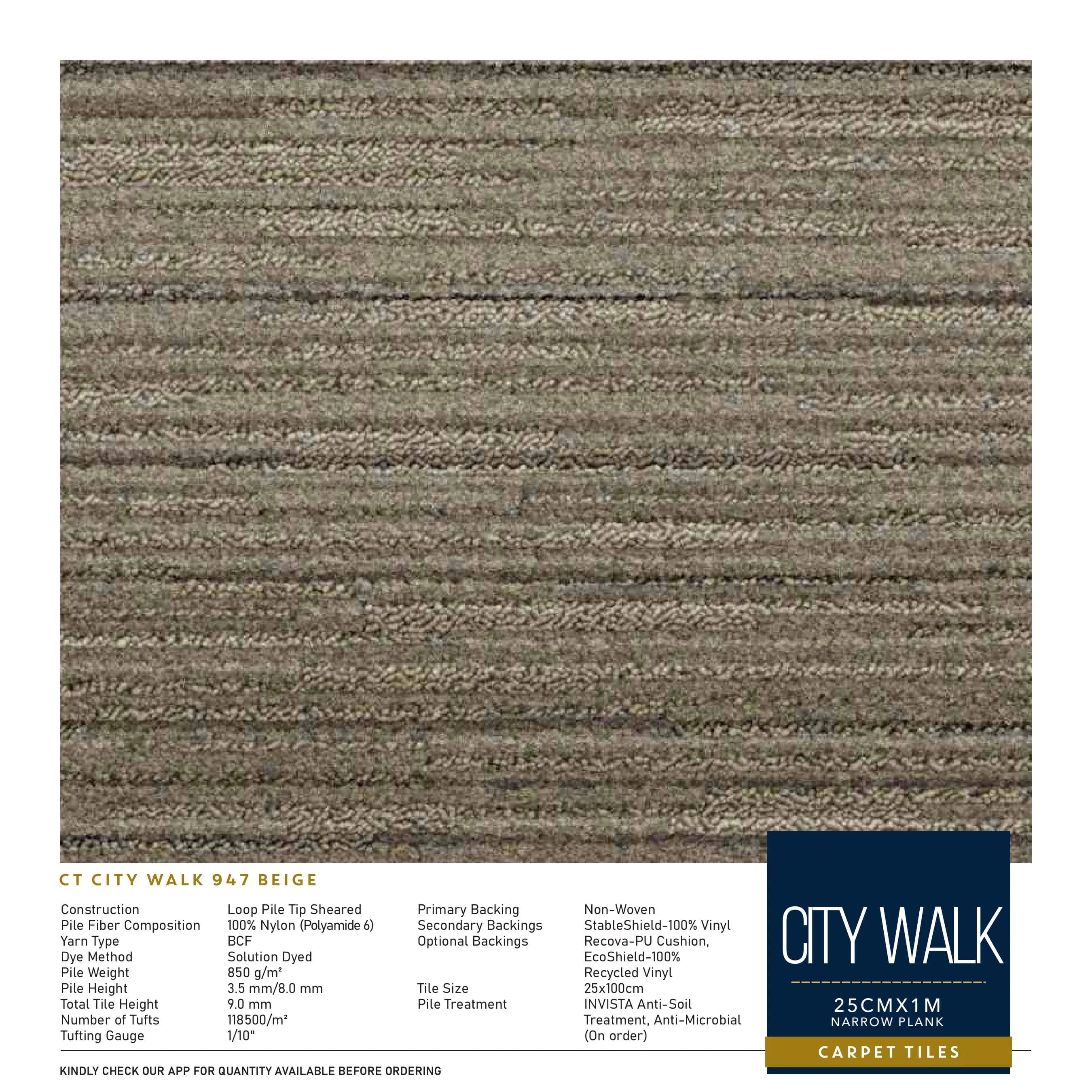 City Walk Divine Carpet Tile - 25CMX1M Narrow Plank