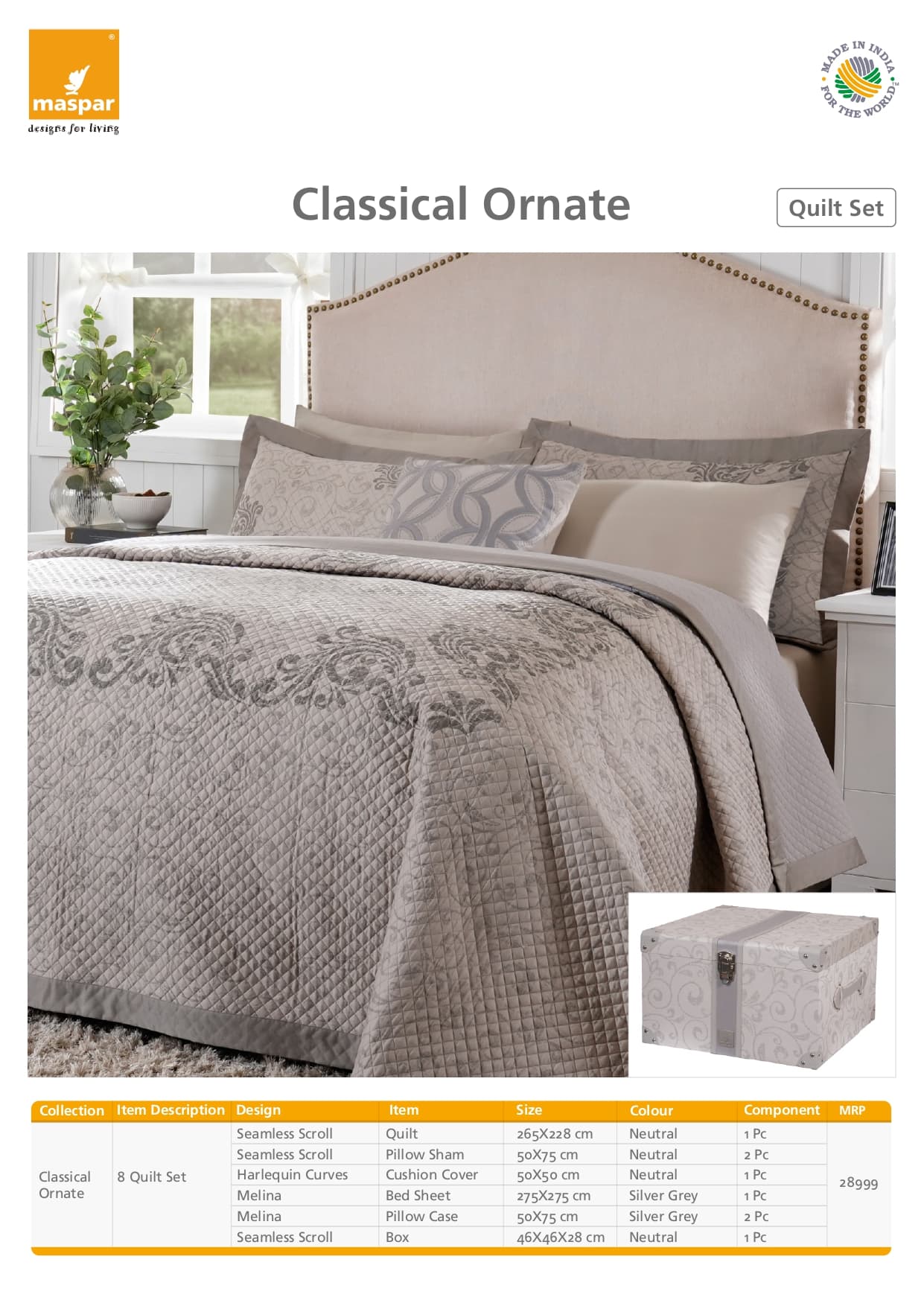 Seamless Scroll 8 Pcs Quilt Set - Neutral & Silver Grey